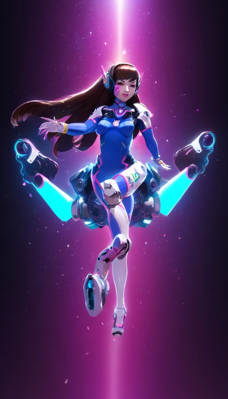 hologram of Cinematic scene, hero view, D.Va, Overwatch <lora:d.va_xl_v1:1>, action pose, detailed background, masterpiece, best quality, high quality, highres, absurdres floating in space, a vibrant digital illustration, dribbble, quantum wavetracing, black background, behance hd