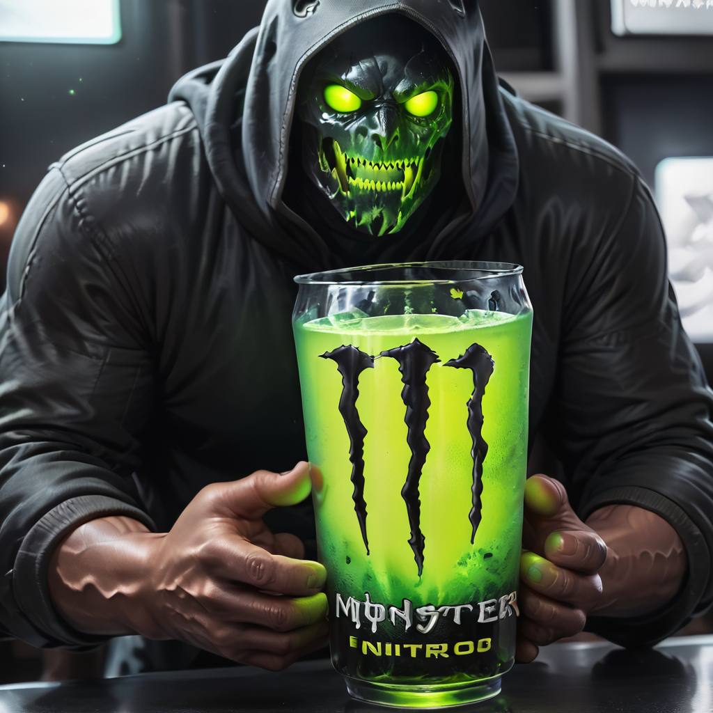score_9, score_8_up, score_7_up, score_6_up, score_5_up, score_4_up,  <lora:MonsterNitroPony:0.8>,NitroEnergy,solo,holding,cup,1man,wearing dark hood,dark backround,huge glowing green glass cup in the midle of the table,holding cup with both hands,long dark demon fingers,dark hands,
