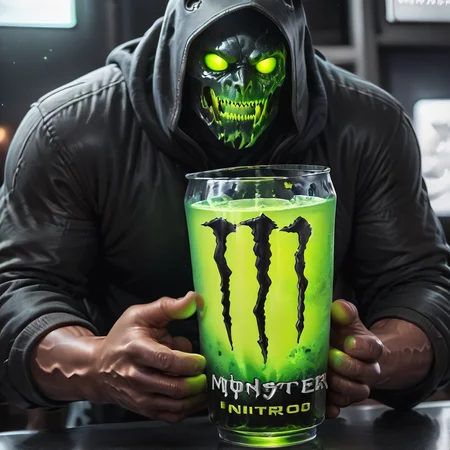 score_9, score_8_up, score_7_up, score_6_up, score_5_up, score_4_up, <lora:MonsterNitroPony:0.8>,NitroEnergy,solo,holding,cup,1man,wearing dark hood,dark backround,huge glowing green glass cup in the midle of the table,holding cup with both hands,long dark demon fingers,dark hands,