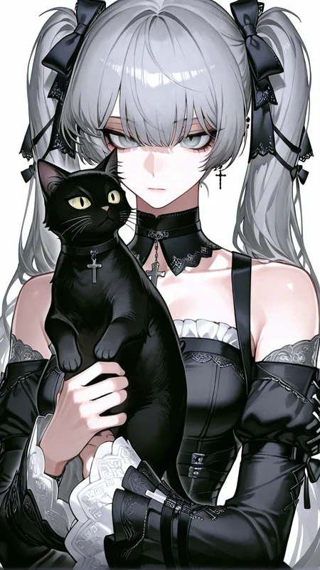 1girl, solo, long_hair, breasts, looking_at_viewer, bangs, simple_background, long_sleeves, white_background, dress, bow, ribbon, holding, bare_shoulders, twintails, jewelry, closed_mouth, hair_ribbon, upper_body, hair_bow, grey_hair, earrings, detached_sleeves, choker, black_dress, from_side, grey_eyes, black_bow, animal, piercing, cat, cross, ear_piercing, lolita_fashion, gothic_lolita, black_cat, holding_animal, gothic, holding_cat
