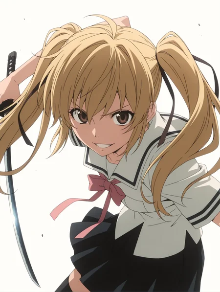 masterpiece,best quality,newest,
1girl,solo,
anime screencap,<lora:s_raimei_ilxl_v1.0:1>,s_raimei,blonde hair,hair bow,twintails,brown eyes,
r_clothes,serafuku,ribbon tie,white shirt,black pleated skirt,black kneehighs,
r_katana,red scabbard,<lora:Fixhands_anime_bdsqlsz_V1:1>,white_background,simple_background,fighting,fighting_stance,ready to draw,grin,looking_at_viewer,