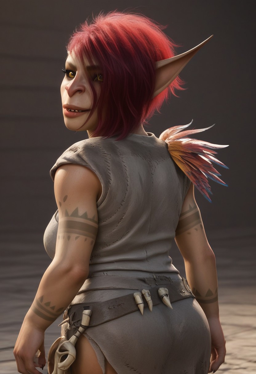 1girl, female goblin, green skin, red hair, short hair, side cut, hair over left eye, pointy ears, yellow eyes (black sclera), goblin ears, tattooed, sharp fingernails, grey rags, skull on belt, feathers on left shoulder shortstack, short stack, realistic, score_8_up, score_7_up, BREAK, 1girl, solo, looking at viewer, cute, smiling, smug, from behind, looking back, female focus, looking at viewer, detailed background, 4k, masterpiece, best quality, highly detailed, 3d, full shot