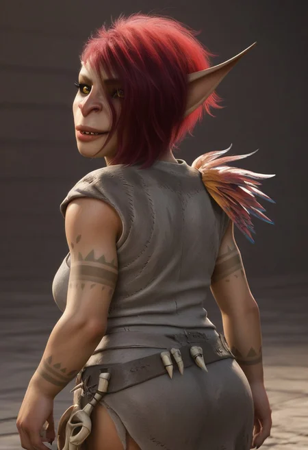 1girl, female goblin, green skin, red hair, short hair, side cut, hair over left eye, pointy ears, yellow eyes (black sclera), goblin ears, tattooed, sharp fingernails, grey rags, skull on belt, feathers on left shoulder shortstack, short stack, realistic, score_8_up, score_7_up, BREAK, 1girl, solo, looking at viewer, cute, smiling, smug, from behind, looking back, female focus, looking at viewer, detailed background, 4k, masterpiece, best quality, highly detailed, 3d, full shot