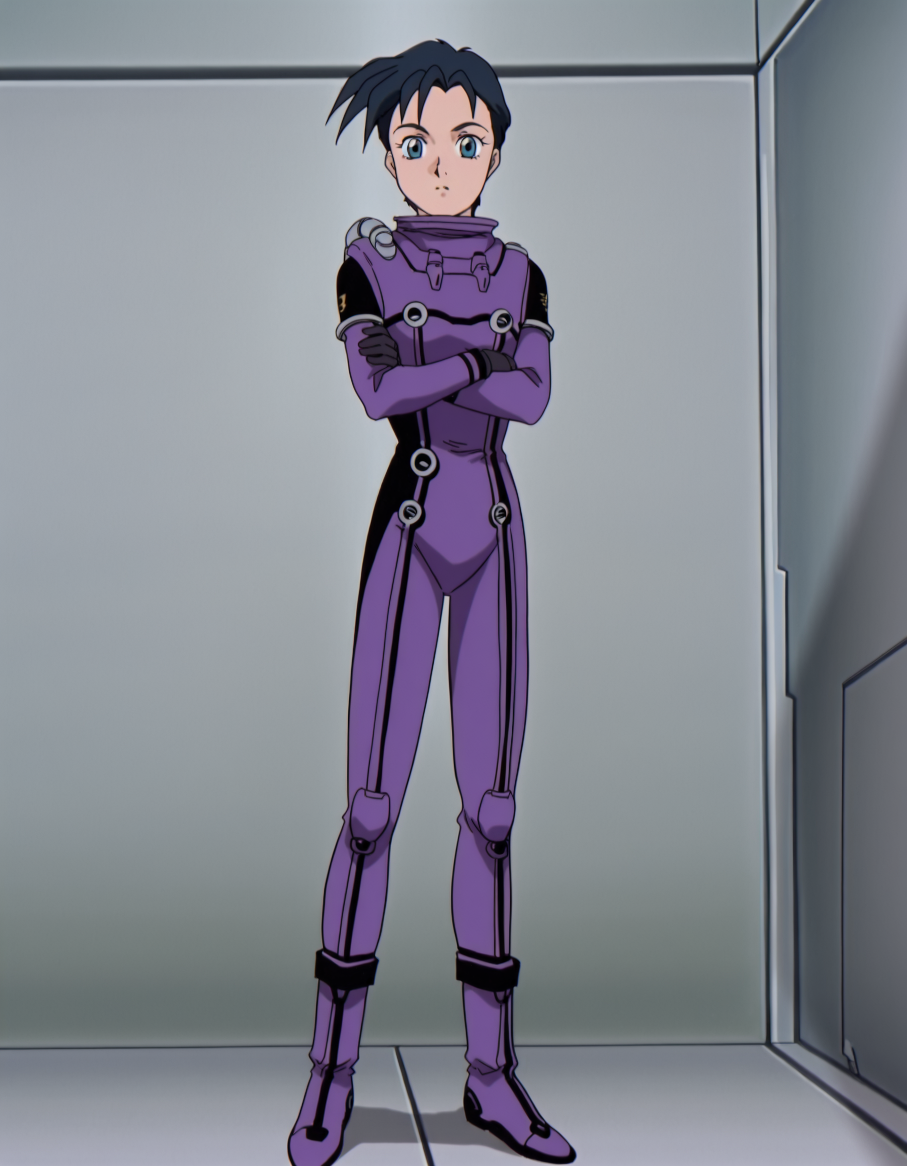 <lora:HildeSchbeikerGundamWingIllustrious1.0JLFO:1> hilde, 1girl, 1990s, retro artstyle, black hair, solo, short hair, blue eyes looking at viewer,pilot_suit,full body, boots, crossed arms,