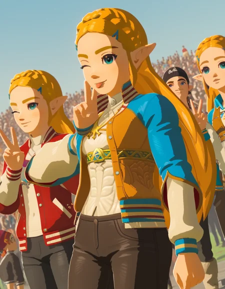 score_9, score_8_up, score_7_up, source_anime, <lora:princess-zelda-breath-of-the-wild-ingame-ponyxl-lora-nochekaiser:1>, princess zelda, long hair, blue eyes, blonde hair, hair ornament, braid, pointy ears, hairclip, 3d, <lora:letterman-jacket-ponyxl-lora-nochekaiser:1>, letterman jacket, jacket,, outdoors, crowd, people, v, v over eye, one eye closed, tongue out, smile, beanie, pants, open clothes, open jacket, , cowboy shot, dutch angle