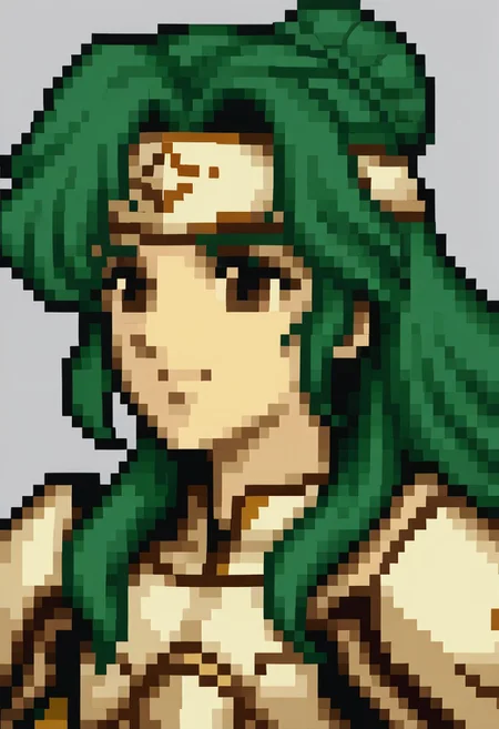 score_9, score_8_up, score_7_up, source_anime, 1girl, solo, smile,
<lora:zs_FE4PortraitsXL:1> fe4portraits, portrait, pixel art, white background
<lora:elincia-pdxl-nvwls-000005:1> defElincia, green hair, hair bun, long hair, braid, brown eyes, headband, white armor, shoulder armor, breastplate, white tunic,