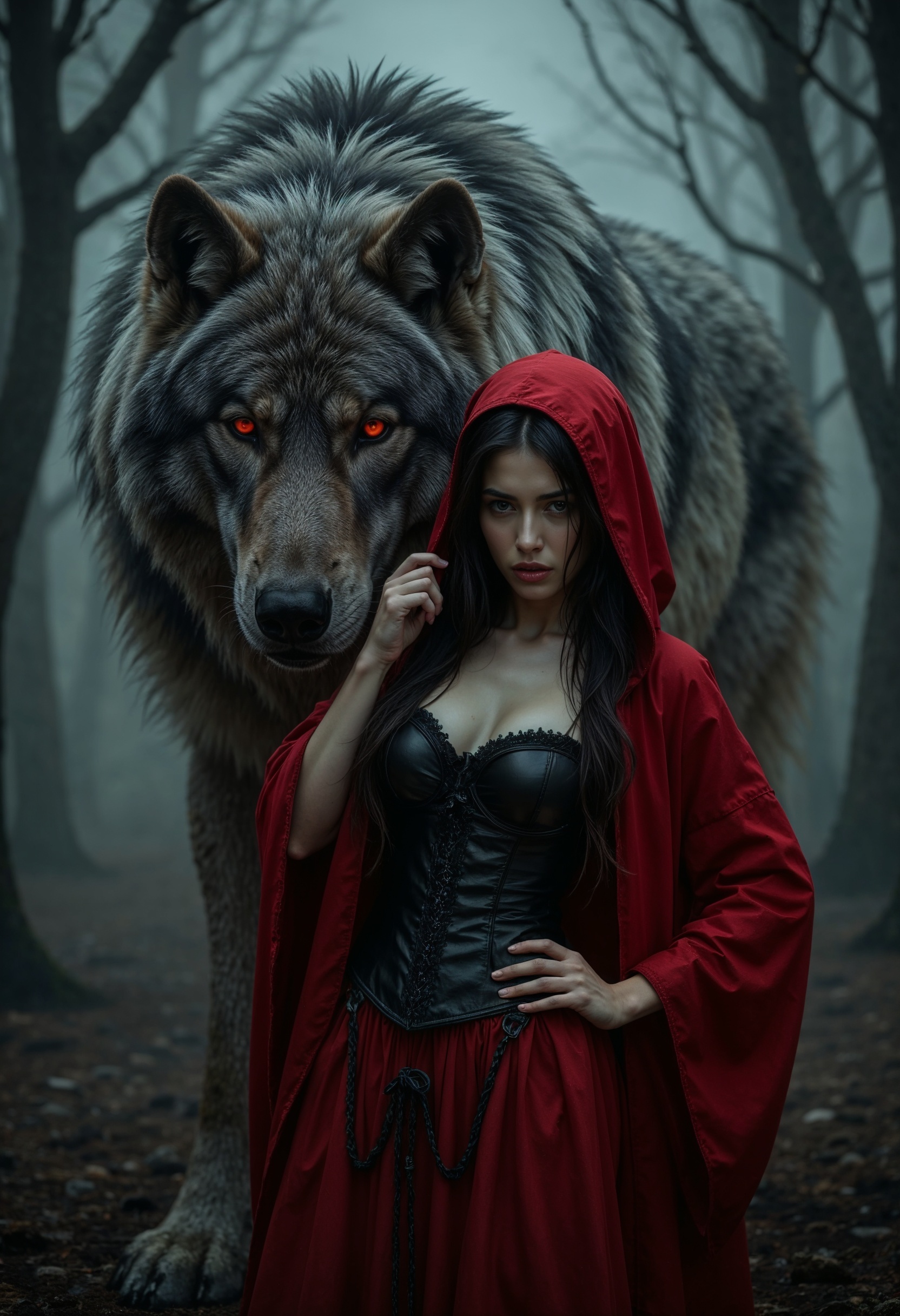 R3alism, Highly detailed and dramatic digital artwork featuring a young woman and a large wolf in a misty forest. The woman has pale skin and long dark hair, partially covered by a red hooded cloak. Her attire includes a corset and a flowing red skirt with black lace details. She stands confidently with one hand on her hip and the other touching her hood. The wolf beside her is enormous, with a thick, dark gray fur coat and striking red eyes, exuding a sense of power and mystique. The background is a foggy forest, adding an ethereal atmosphere to the scene. The image is detailed and vibrant, with a focus on the contrast between the red of the woman's cloak and the muted tones of the forest and wolf.  <lora:FluxMythR3alism:1>