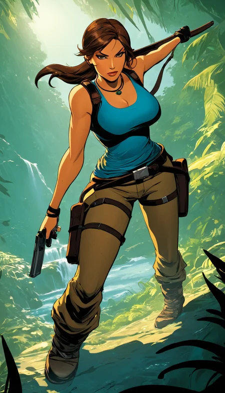 comic Cinematic scene, hero view, Lara Croft <lora:lara_croft_xl_v2:1>, action pose, detailed background, masterpiece, best quality, high quality, highres, absurdres . graphic illustration, comic art, graphic novel art, vibrant, highly detailed
