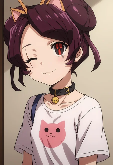 score_9, score_8_up, score_7_up, source_anime, 2d, Entoma Vasilissa Zeta, 1girl, burgundy hair, short hair, twin buns, insect antennae, porcelain face, red-black eyes, black eyes scars, very small breasts, anime coloring, anime screencap, detailed eyes, zPDXL, perfect faces, uncensored, rating_explicit, <lora:entoma_vasilissa_zeta_0-000045:0.8>, cat ears, collar, cat t-shirt, one eye closed, hand up, smile,