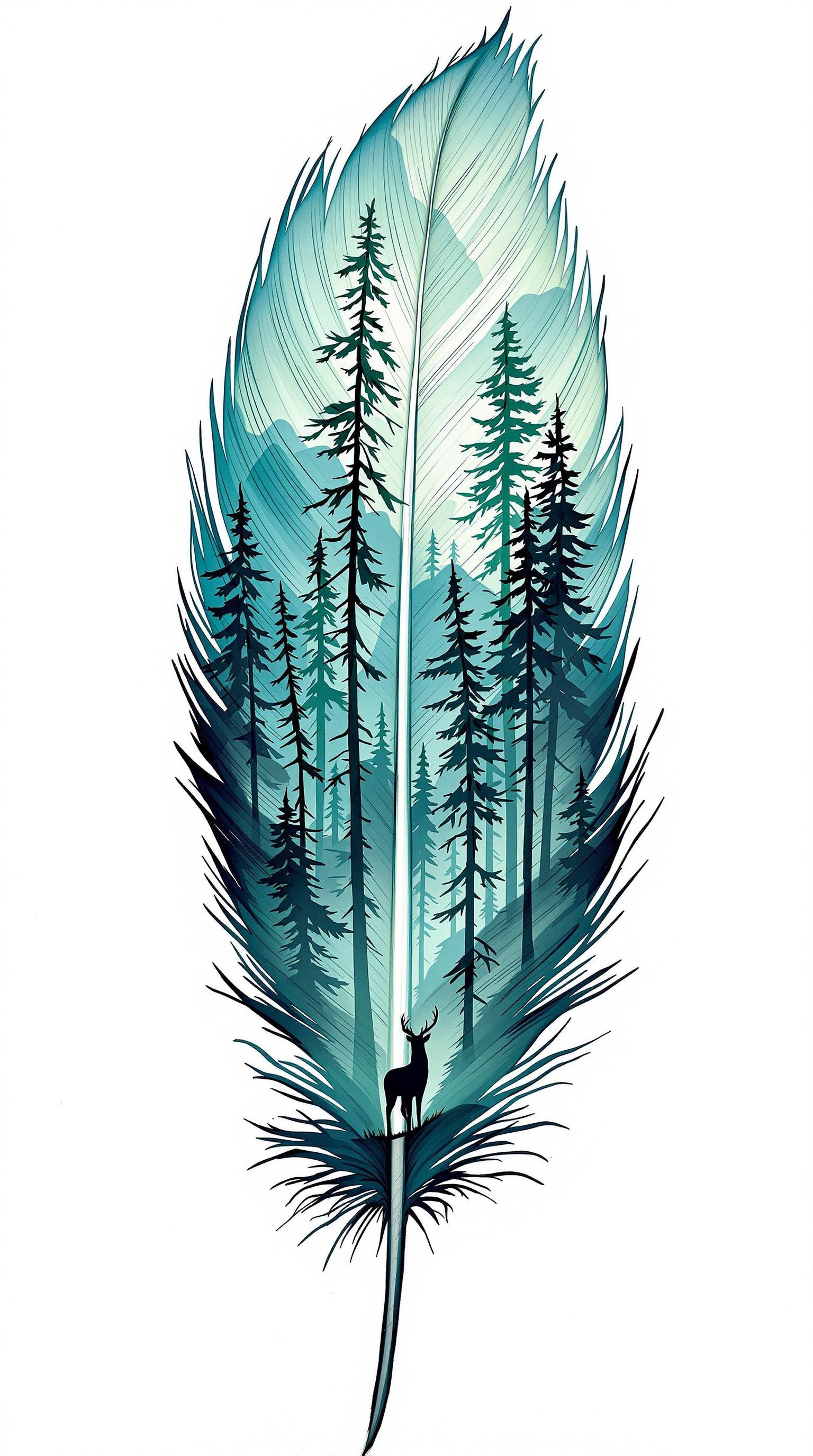 A fascinating and intricate work of art featuring a feather that captures the essence of nature. The center of the feather is adorned with a stunning watercolor landscape depicting a misty forest. Majestic pine trees rise above the mist, their branches intertwined, and at the base of the forest, the silhouette of a deer stands, gazing intently into the distance. The color palette features predominantly cool tones, with shades of green and teal dominating the scene, creating a calming atmosphere. The sharp, jagged edges of the feather contrast with the soft blend of the background, resulting in a visually striking piece that captures the viewer's attention.