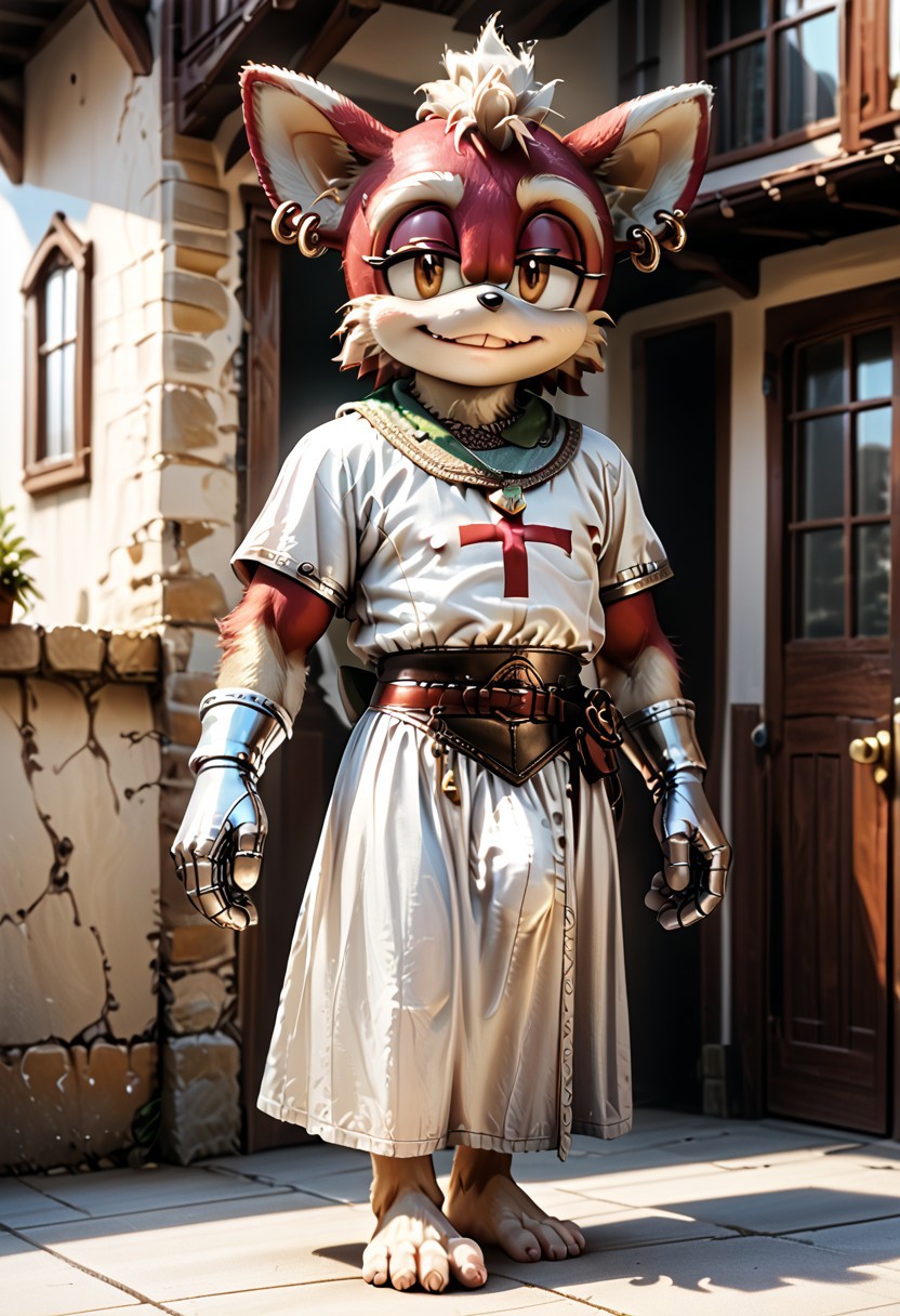score_9, score_8_up, score_7_up, (((Barefoot furry character, full body, cinematic setting, furry male, plantigrade, correct anatomy, perfect hands)))
((( Chip Form Sonic The Hedgehog (series) ))), (((templar outfit))), templar knight, green gem necklace, ((1boy, solo, solo focus)), muscular, furry male, burgundy fur,body fur, perfect eyes, perfect face, fur, fluffy fur, tuft, detailed fur,, bronze eyes, curvy, covered nipples, Expressiveh, looking at the viewer, seductive smile, half closed eyes, tight clothes, skindentation, ear piercing,cute makeup, BREAK indoor, detailed background, balcony, abs, ((muscular)), white neck fluff, (((nice furry feet paws)))