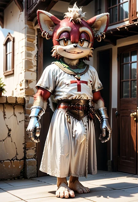 score_9, score_8_up, score_7_up, (((Barefoot furry character, full body, cinematic setting, furry male, plantigrade, correct anatomy, perfect hands)))
((( Chip Form Sonic The Hedgehog (series) ))), (((templar outfit))), templar knight, green gem necklace, ((1boy, solo, solo focus)), muscular, furry male, burgundy fur,body fur, perfect eyes, perfect face, fur, fluffy fur, tuft, detailed fur,, bronze eyes, curvy, covered nipples, Expressiveh, looking at the viewer, seductive smile, half closed eyes, tight clothes, skindentation, ear piercing,cute makeup, BREAK indoor, detailed background, balcony, abs, ((muscular)), white neck fluff, (((nice furry feet paws)))