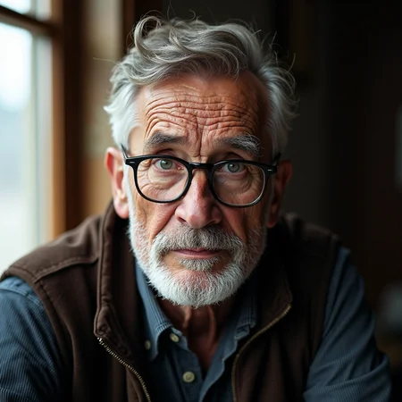 a professional portrait of an elderly man, likely in his late 60s or early 70s, he has a wrinkled, aged face with prominent cheekbones and a full, neatly trimmed beard, his eyes are large and almond-shaped, with a calm, contemplative expression, he wears thin, black-framed glasses that add a touch of intellectualism to his appearance, the man's hair is short and wavy, with some strands framing his face, the background is blurred, but it appears to be an indoor setting with soft, natural light streaming in from a window on the left, casting a warm glow on the subject, the overall mood of the portrait is introspective and slightly melancholic, with the subject's gaze directed towards the viewer, the photograph is rich in detail, capturing the texture of his skin and the folds of his clothing, emphasizing his age and the ruggedness of his face