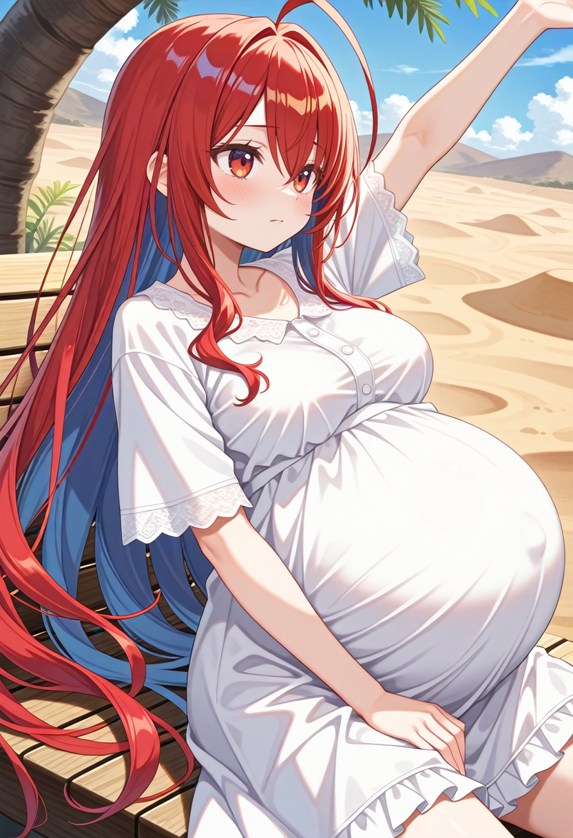 STYLE(comfy++,none) masterpiece, best quality, absurdres, 1girl, [tsukasawa takamatsu:cura, azuuru:0.3], torino aqua, elizabeth rose bloodflame, hololive, red eyes, red hair, very long hair, colored inner hair, blue hair, huge ahoge, white dress, virtual youtuber, medium breasts, pregnant, big belly,  worried, looking to the side, hand on own thigh, outstretched hand, arm up, facing viewer, (reclining), legs apart, cowboy shot, dutch angle,  day, nature, desert, <lora:Pregnancy_Slider:1> <lora:pregnant_clte_v2:1> <lora:dmd2_sdxl_4step_lora_fp16:1>