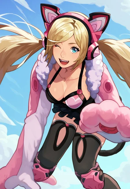 score_9, score_8_up, score_7_up,
source_anime, very aesthetic, anime screencap, anime coloring,
lucky chloe, lucky chloe \(tekken\), 1girl, solo, long hair, breasts, open mouth, blue eyes, blonde hair, thighhighs, gloves, animal ears, cleavage, twintails, medium breasts, tail, one eye closed, black thighhighs, cat ears, hair over one eye, cat tail, fake animal ears, headphones, animal hands, paw gloves, knee pads, animal ear headphones, cat ear headphones