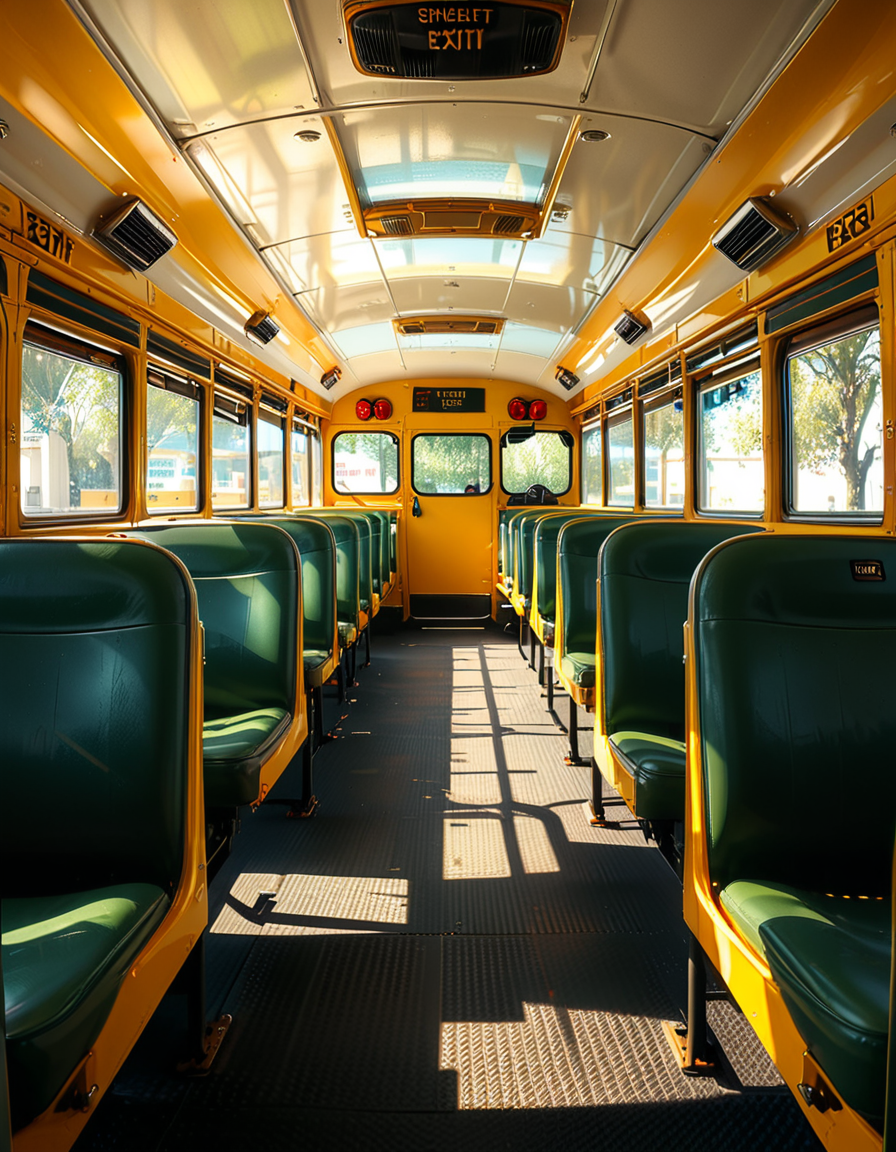 The interior of a classic yellow school bus, captured in a clean and well-maintained state. Long rows of simple green vinyl seats line both sides of a narrow aisle, slightly worn from regular use. The perspective is from the front of the bus, looking toward the back, with a clear view of the seats and the metal handrails on top of each row. Sunlight streams in through the large rectangular windows on both sides, creating soft reflections on the seats and a warm glow inside. The floor is textured black rubber, with faint signs of foot traffic. The atmosphere feels quiet and inviting, with no students present, giving a peaceful and slightly nostalgic vibe. The style is photorealistic, highlighting the details of the seat stitching, window latches, and the subtle reflections of light on surfaces. The background includes the driverâs area partially visible, with the steering wheel and dashboard controls adding to the authenticity.
<lora:SDXLFaeTastic2400:0.4> <lora:extremely_detailed:0.4> extremely detailed, <lora:sch00l_bus:1>,sch00l bus, Masterpiece,best quality,hi res,8k,hi res,8k,award winning,(sharp focus, intricate, highly detailed),