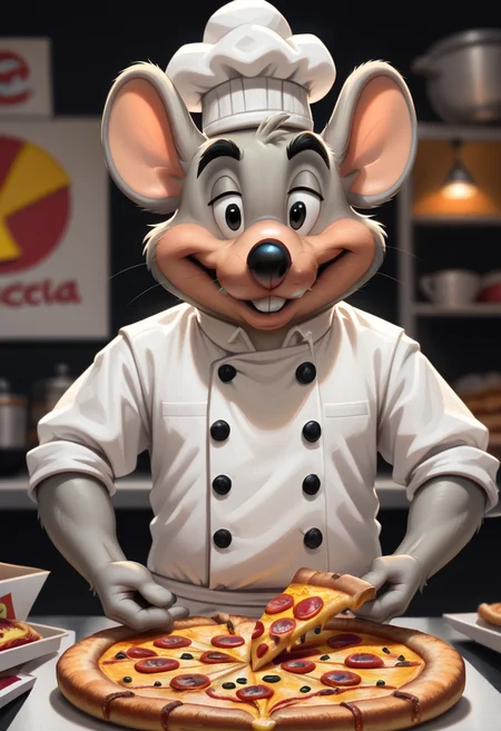 score_9, score_8_up, score_8, <lora:Charles_Entertainment_Cheese_Avenger_Chuck_E._Cheese_for_PonyXL:0.7> furry, 1boy, chuck3chee3e, mouse boy, male focus, hat, solo, buck teeth, black eyes, chef, pizza,