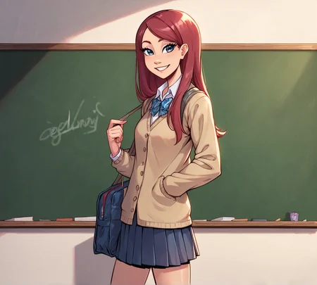 Antimony, zPDXL, best quality, amazing quality, score 9, 1girl, chalkboard, school uniform, standing, smiling, <lora:Antimonynuer:0.8>