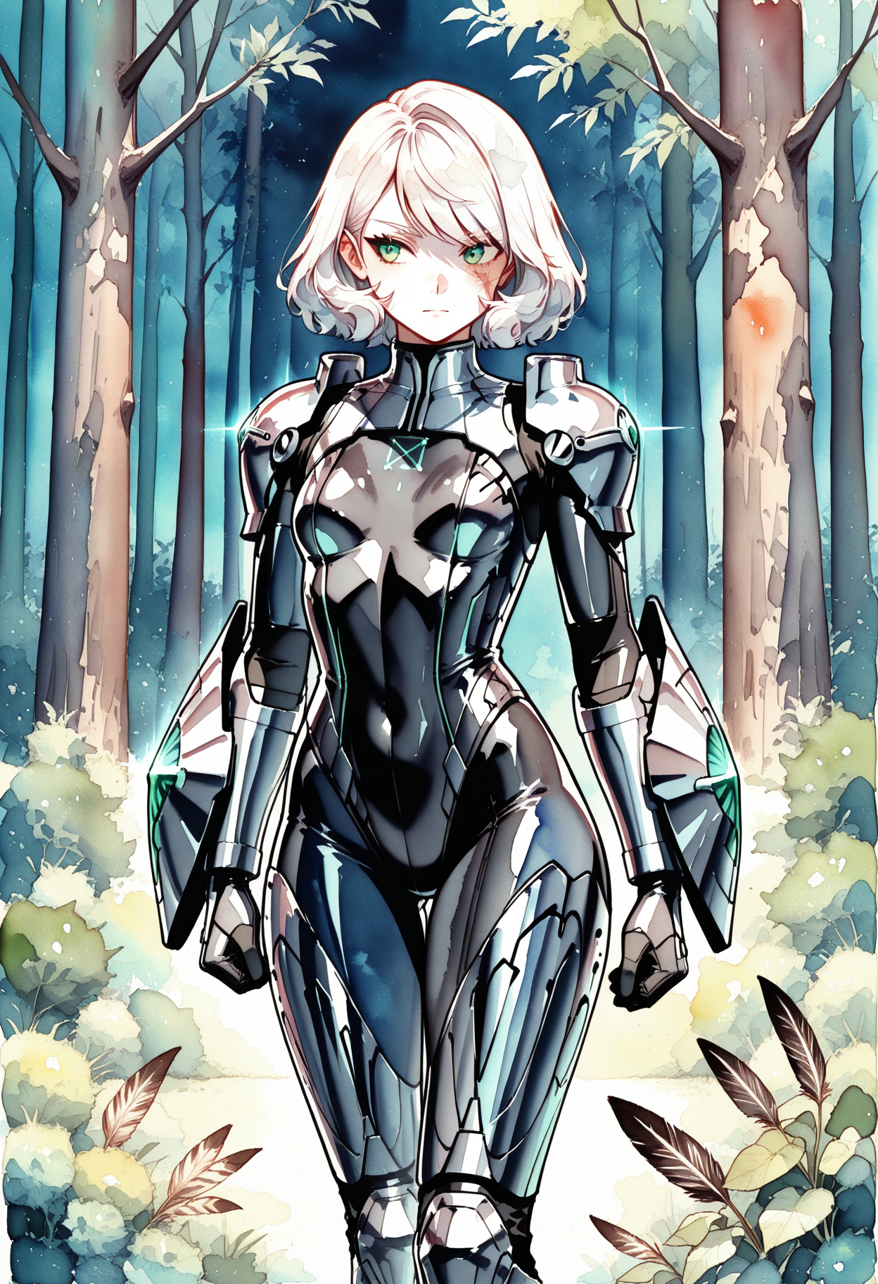 action pose, dramatic lights, 1girl, pale skin, white hair, medium hair, swept bangs, green eyes, muscle girl, scars on face, small breasts, scf-fi armor, matte black metal, synthetic feathers, cloaked in a shadow, rune garment, luminescent threads, tellow hue, high-tech design, misty forest at night, twisted trees, bioluminescent plants, 
masterpiece,best quality,amazing quality,  <lora:watercolor2IL-style:1>, pastel color, watercolor, traces of water paint,