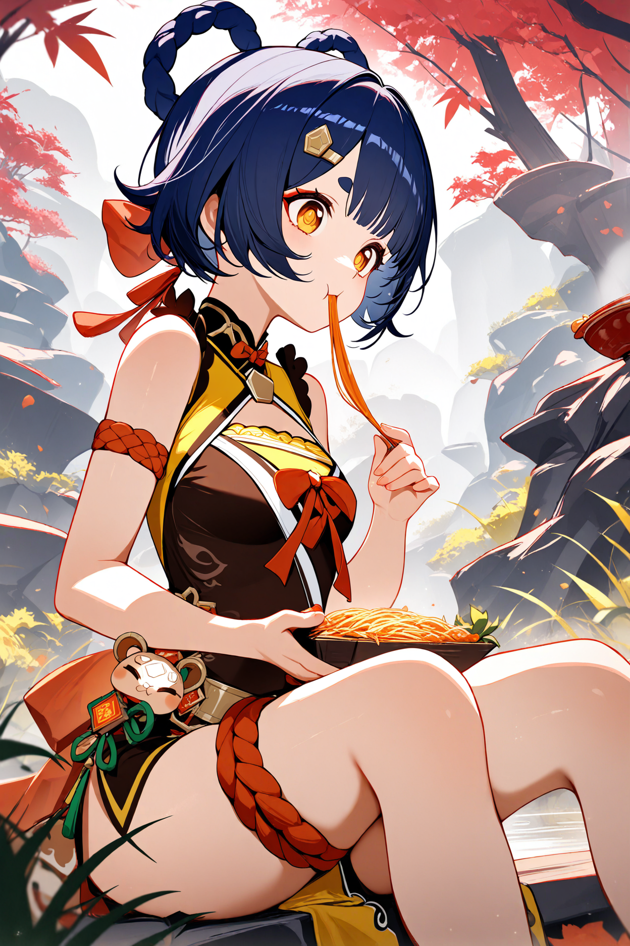 1girl, xiangling \(genshin impact\), eating, nature, masterpiece, high score, great score, absurdres