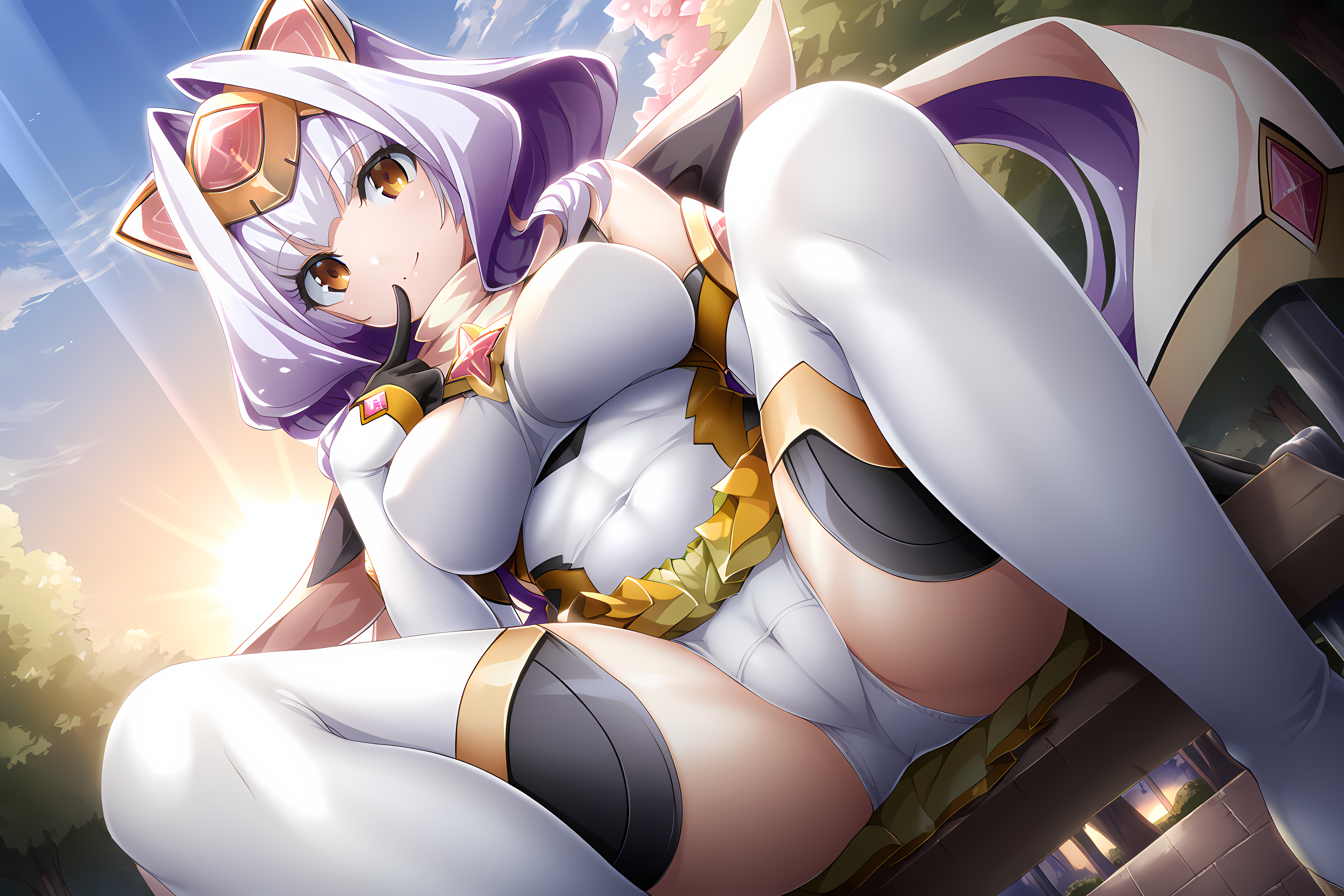 finger to mouth,sitting,knees_to_chest,cameltoe,white panties,exa,magica,1girl,long hair,large breasts,light purple hair,orange eyes,thighhighs,animal ears,cleavage,skirt,bare shoulders,covered navel,elbow gloves,boots,closed mouth,smile,looking down,sunset,sidewalk,bench,(sun:0.5),sky,sunlight,dim lighting,light rays,park,flower,
BREAK <lora:EXS-TIA_MagicaAzarin_-_Lusterise:1>,from below,, score_9, score_8_up, score_7_up,source_anime,(masterpiece),(best quality),(ultra-detailed),(best illustration),(best shadow),(absurdres),(detailed background),(very aesthetic),source_anime