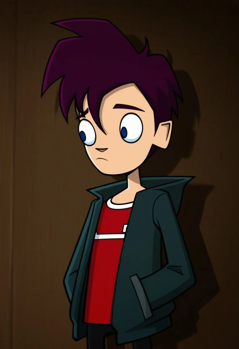 masterpiece,best quality,amazing quality, 
RandyCunningham, 1boy, male focus, solo, blue eyes, purple hair, shirt, red shirt, jacket, green jacket, open jacket,
