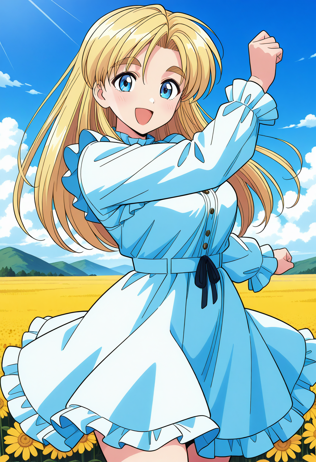 aitoma_thirty, blue eyes, blonde hair, long hair, thick eyebrows, dress, frills, long sleeves, <lora:aitoma_thirty_illustrious_ver1:0.8> 
smile, open mouth,, masterpiece, best quality, general,, 1girl, solo, (field:1.2), (blue sky:1.2), looking at viewer,, (cowboy shot, dynamic pose:1.4),