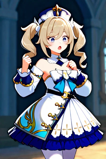 masterpiece, High quality, Ultra detailed, 2d, newest, absurdres, highres, BREAK
1girl, solo, <lora:barbara:0.8>, barbara_(genshin_impact), twintails, drills hair, blonde hair, white headwear, blue eyes, 
medium breasts, barbaradef, detached collar, bare shoulders, frilled dress, strapless dress, white dress, strapless, long sleeves, detached sleeves, pantyhose, 
surprised, hand up,