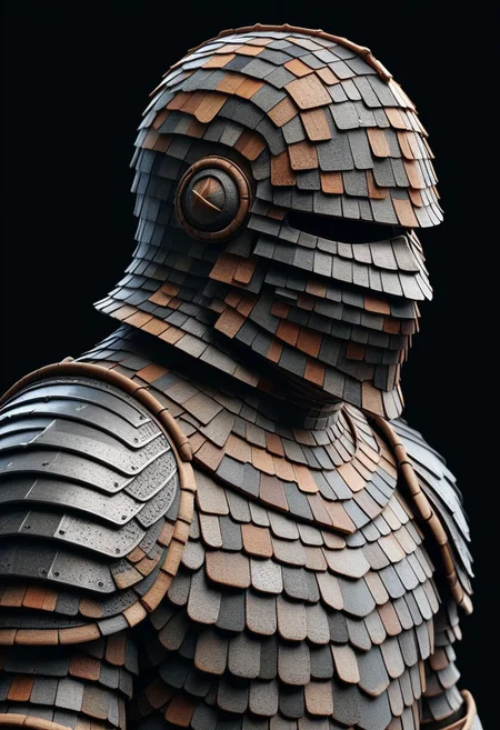 detailed, realistic, 8k uhd, high quality, masterpiece, mad-shingles, knight, knight armor made of shingles, helmet, black background
