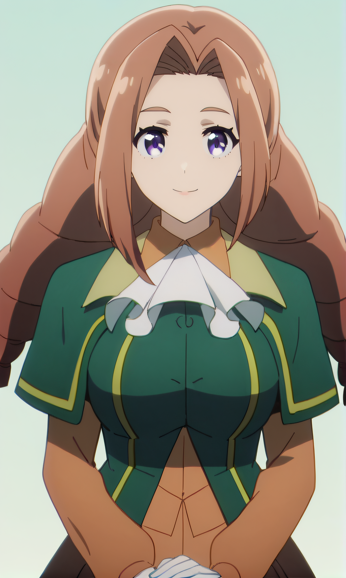 score_9, score_8_up, score_7_up, source_anime, rating_safe, intricate details, anime screencap, official style, anime coloring, 1girl, solo, <lora:Sheila_Ibarss:1>, sheila, brown hair, purple eyes, large breasts, white ascot, long orange dress, green buttoned jacket, orange sleeves, white gloves, layered skirt, brown skirt on sides, indoor, looking at viewer, smile, simple background, cowboy shot, own hands together