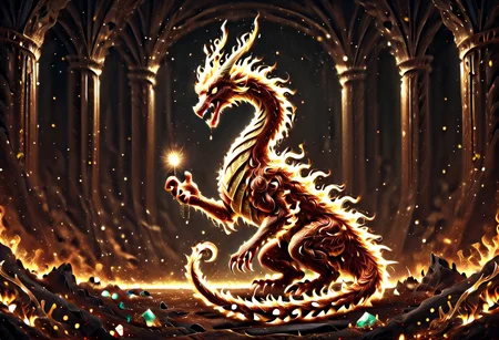 Score_9, score_8_up, score_7_up, high quality, 4k, 8k, extremely detailed, flamestyle, dragon, in a dragon's lair, giant piles of treasure, jewels, gems  <lora:Flame_Style:0.8> <lora:p:0.7>