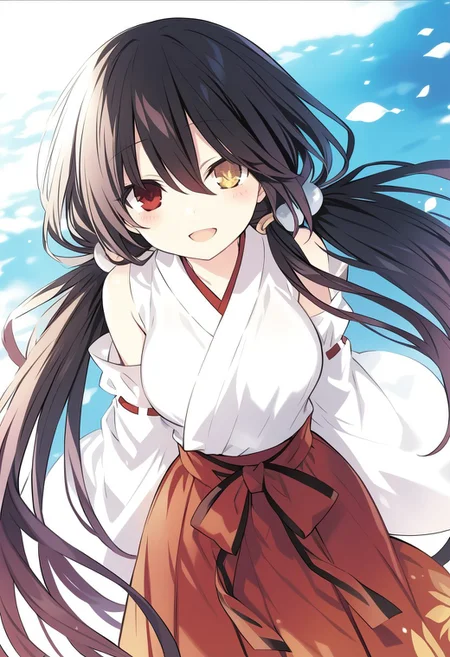 8k, highres,novel illustration,best quality, masterpiece, highly detailed,1girl,solo,date a live,tsunako,tokisaki kurumi,long hair,black hair,twintails,low twintails, heterochromia,clock eyes,symbol-shaped pupils,yellow left eye, red right eye, breasts,medium breasts, floating_hair,
jyojifuku, miko, red hakama,
smile, open mouth, standing, looking at viewer, outdoors,