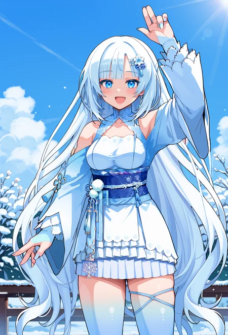 score_9, score_8_up, score_7_up, source_anime, 1girl, solo, solo focus, upper body,
whiteCULvvmiky, absurdly long hair, ((flower hairclip)), fingernails, blue nail polish, bridal gauntlets, flower earrings, white short kimono, , kimono skirt, shoulder cutout, bare shoulders, long sleeves, blue obi, obijime, tassel, gradient legwear, thigh ribbon, thigh strap, blue thighhighs, zettai ryouiki, asymmetrical legwear,
<lora:whiteCUL_v1-rev2-000049:0.9>
blush, smile, happy, open mouth, arm up,