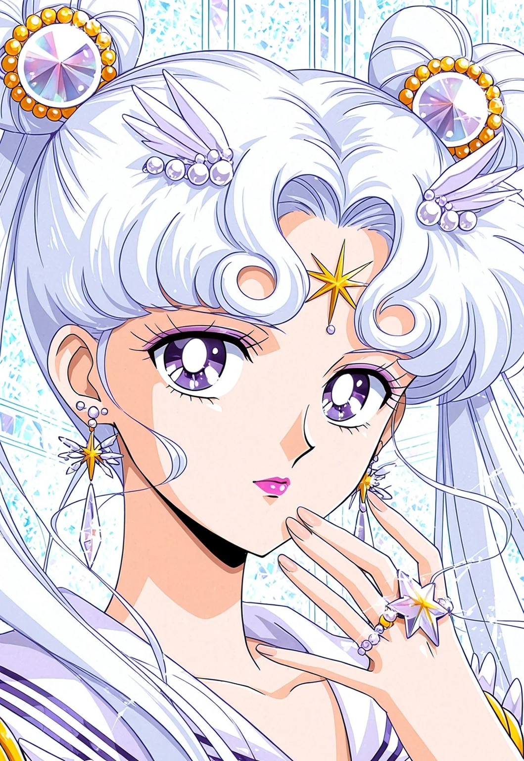 masterpiece, best quality, Sailor Cosmos, 1girl, solo, jewelry, long hair, earrings, purple eyes, twintails, hair bun, white background, makeup, lipstick, portrait, white hair, crystal, looking at viewer, gem, double bun, sailor senshi uniform, magical girl, indoors, brooch, official style, ring, hairpin, looking at viewer, portrait, star (symbol)