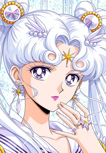 masterpiece, best quality, Sailor Cosmos, 1girl, solo, jewelry, long hair, earrings, purple eyes, twintails, hair bun, white background, makeup, lipstick, portrait, white hair, crystal, looking at viewer, gem, double bun, sailor senshi uniform, magical girl, indoors, brooch, official style, ring, hairpin, looking at viewer, portrait, star (symbol)