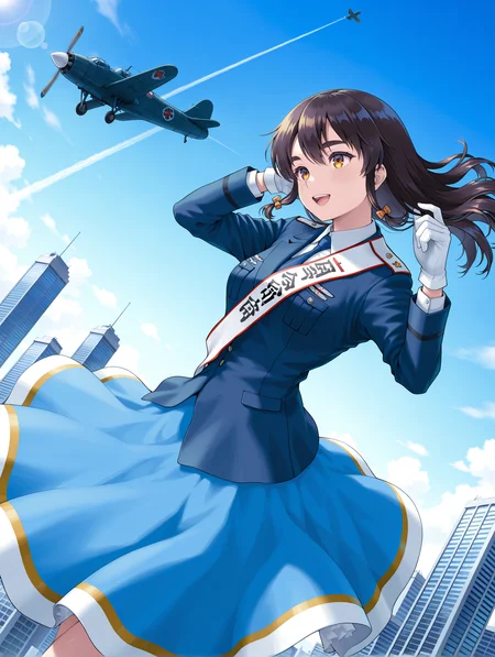 masterpiece,best quality,newest,1girl,solo,
<lora:mao2_ilxl_v1.2:1>,mao2,m_clothes,white gloves,blue jacket,blue skirt,
<lora:Fixhands_anime_bdsqlsz_V1:1>,dynamic_angle,simple_background,white background,cinematic_angle,fighter plane,sky,contrail,day,motion_blur,lens_flare,overexposure,fisheye,skyscraper,wide_shot,no headwear,looking ahead,floating hair,hand in own hair,