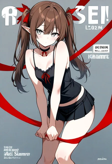 score_9, k'ra, grey eyes, brown hair, twintails, red ribbons, black camisole, short black skirt, fhmcover, source_anime, ntm,