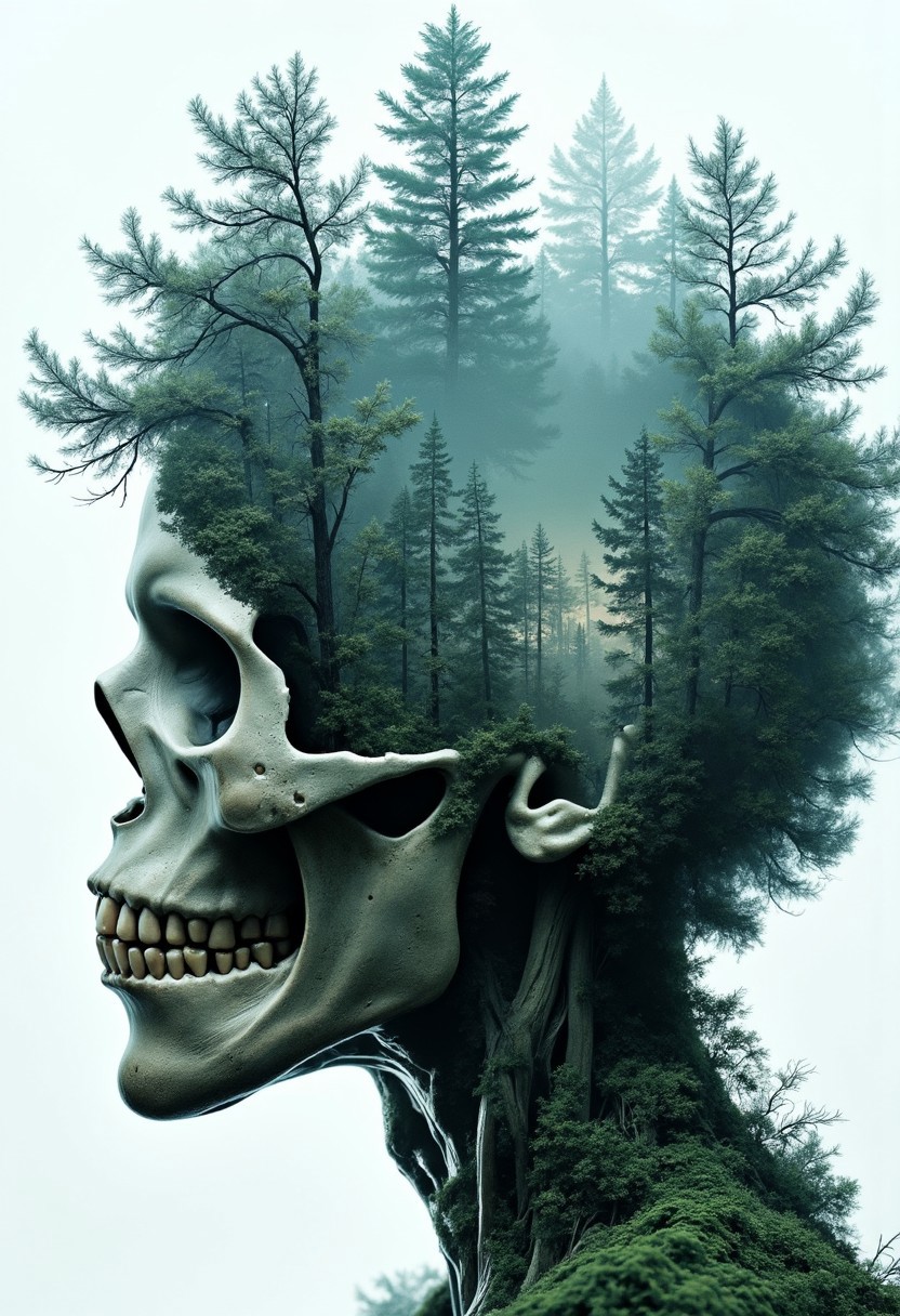 Jeddblexpsre,double exposure, Show a dense, misty forest scene embedded inside a human skull, evoking themes of life, death, and rebirth