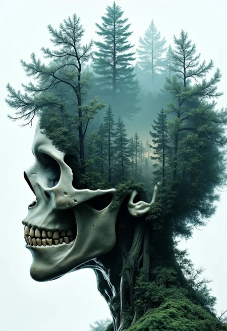 Jeddblexpsre,double exposure, Show a dense, misty forest scene embedded inside a human skull, evoking themes of life, death, and rebirth