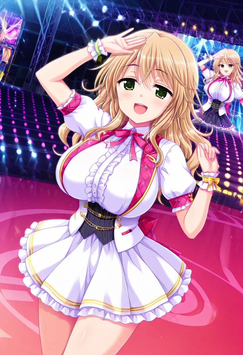 general,highres, ultra-detailed,very aesthetic,best quality ,best hands,best eyes,easynegative,
dynamic anglre, dutch angle, anime cloring,anime screencap,
1girl solo,looking at viewer,on stage,concert hall,open mouth,smile,dancing,
Sora Kisaragi,blonde hair,long hair,wavy hair,green eyes,huge breasts,idol costume,