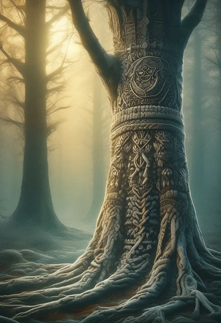(a forest, tree:1.3) ChristmasSweater, (no humans:1.4), forest nature, lots of details, beautifully lit, a fine art painting by drew struzan and karol bak, gothic art, dark and mysterious, ilya kuvshino,