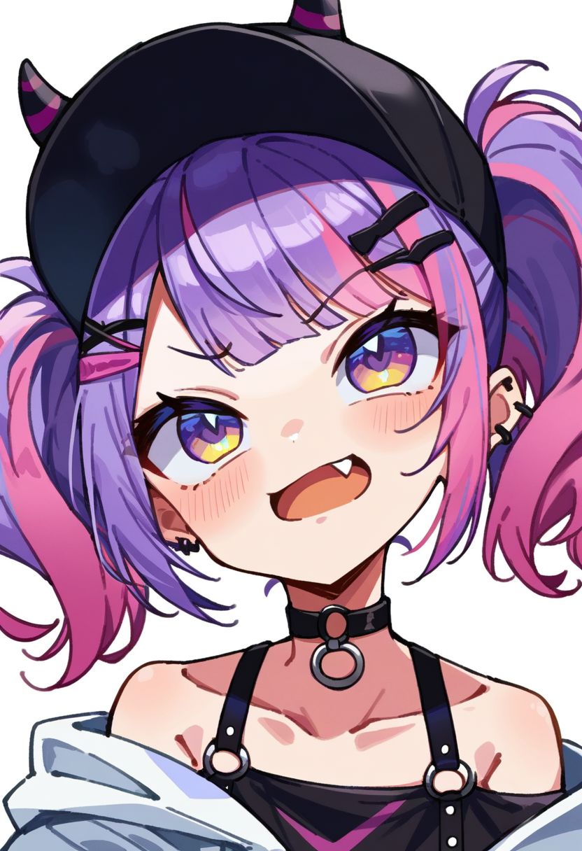 score_9, score_8_up, score_7_up, source_anime, bibi (tokoyami towa), 1girl, virtual youtuber, hat, o-ring choker, purple hair, twintails, multicolored hair, pink hair, looking up, streaked hair, hair ornament, black headwear, hairclip, fake horns, ear piercing, horned headwear, off shoulder, white jacket, black choker, simple background, collarbone, baseball cap, upper body, skin fang, colored inner hair, fang out, bare shoulders, cropped torso