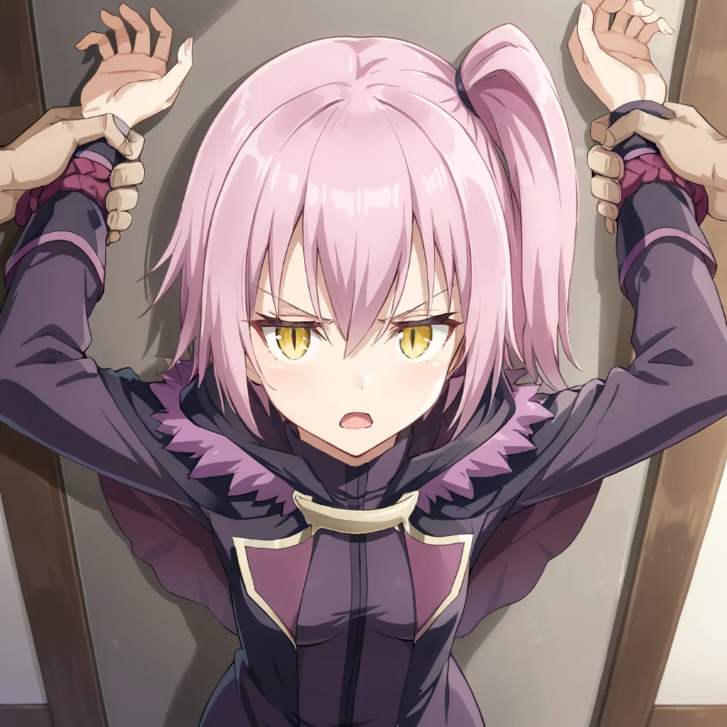 1girl and 1boy, ultima, slit pupils, pink hair, purple hair, short hair, side ponytail, yellow eyes, bangs, hair between eyes, breasts, small breasts, black jacket, dress, fur trim, purple trim, capelet, long sleeves, long dress, hips, looking at viewer,
(from above:1.2), (arms up:1.1), arms above head, against wall, (legs:1.1), (thighs:1.1), glaring, (arm grab:1.2), restrained, arm hold, (looking up:1.1), shocked, open mouth,
<lora:Ultima:0.8>