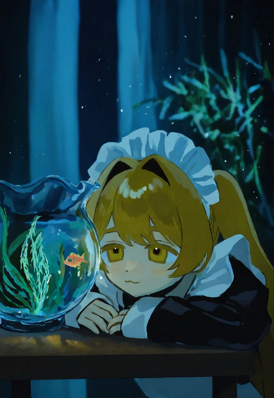 1girl, :3, algae, animal, apron, arms on table, black dress, blonde hair, closed mouth, dot nose, dress, fish, fishbowl, hair intakes, light blush, long sleeves, looking at animal, maid headdress, sleeves past wrists, smile, solo, twintails, white apron, yellow eyes, blurry, blurry background, night, depth of field, table, plant, curtains, scenery, dark, glowing, light, light particles, <lora:iwonu_Noise_Injection:1>
