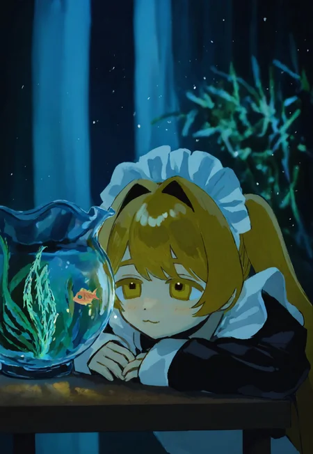 1girl, :3, algae, animal, apron, arms on table, black dress, blonde hair, closed mouth, dot nose, dress, fish, fishbowl, hair intakes, light blush, long sleeves, looking at animal, maid headdress, sleeves past wrists, smile, solo, twintails, white apron, yellow eyes, blurry, blurry background, night, depth of field, table, plant, curtains, scenery, dark, glowing, light, light particles, <lora:iwonu_Noise_Injection:1>