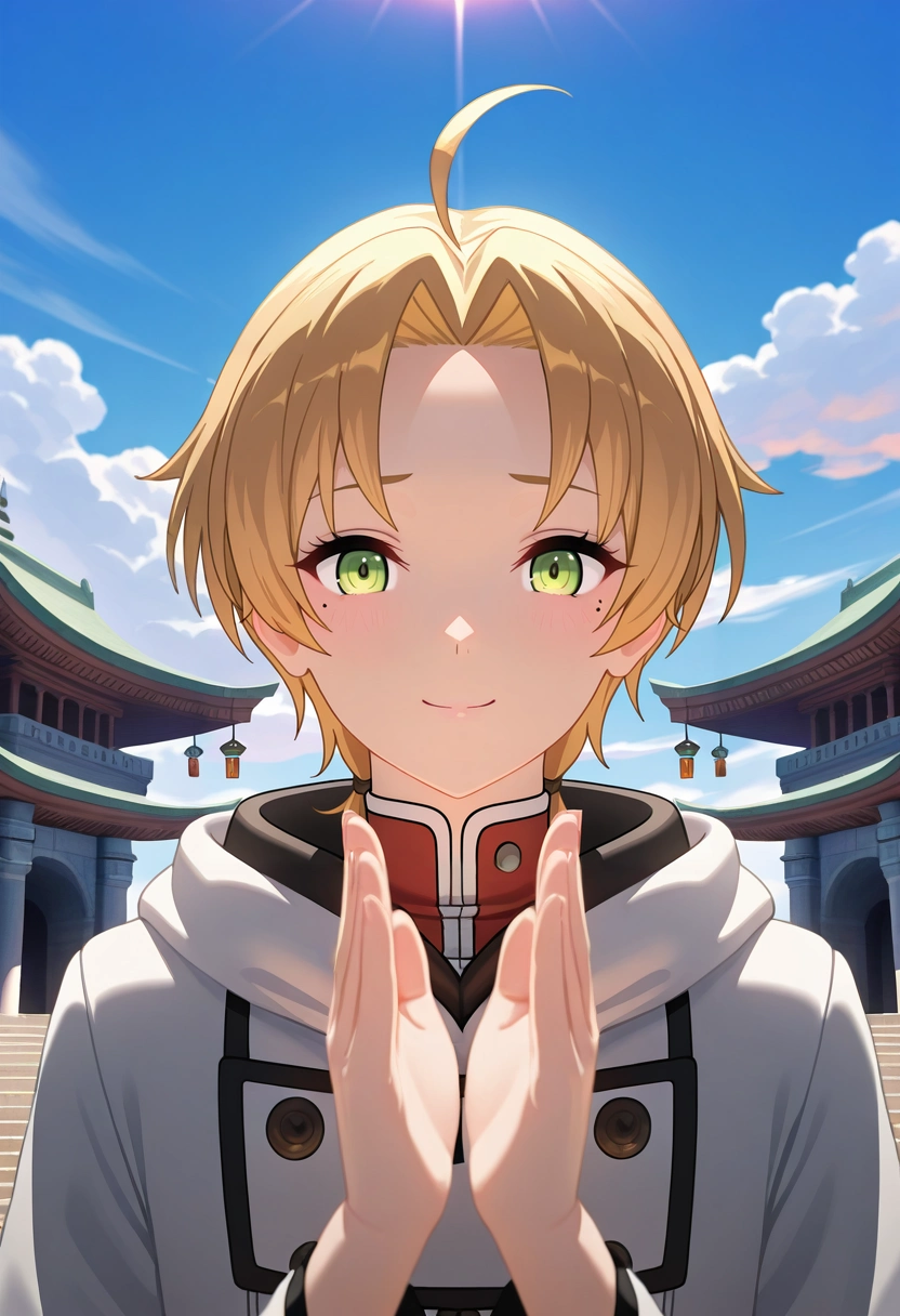masterpiece, best quality, intricate details, (3d:0.4), , 1boy, solo, male focus, <lora:rudeus_greyrat_ilxl:0.92>, rudeus_greyrat, blonde hair, green eyes, short hair, bangs, parted bangs, ahoge, mole under eye, , floating temple, cloud pillars, sky bridges, wind chimes, worship pose, serene expression, sunrise