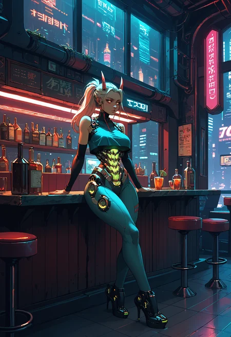 score_9, score_8_up, score_7_up, 1girl, solo, sitting, restaurant, booth seating, bar, window, neon lights, horns, crop top, thighs, (mechanical teeth), (mechanical mask:0.3), (mechanical torso:1.5), glowing clothes, city at night, scenery, highly detailed, science fiction, metropolis, cyberpunk, big breasts, dreamy eyes, bored, long hair, ponytail,
<lora:ArmorPunkV4:1> arm0rpunkv4, mechanical shoes, high heels, strappy heels, leggings,