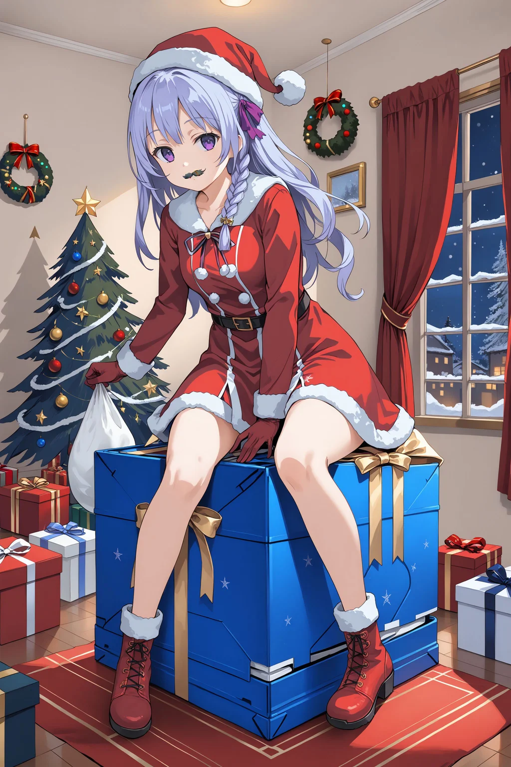 , masterpiece, absurdres, high detail, 8k, perfect details,
night, indoors, open window, wind, curtains, christmas, christmas tree, christmas ornament, gift box, gift wrapping,
sitting on windowsill, stepped on gift box, holding sack, expressionless,
pixel art, felicette, side braid, hair ribbon, purple ribbon, (fake mustache:1.2), santa costume, santa hat, santa gloves, santa bottom, santa boots,
<lora:XL_Pony_game-marfushasg-felicette-t1:1>