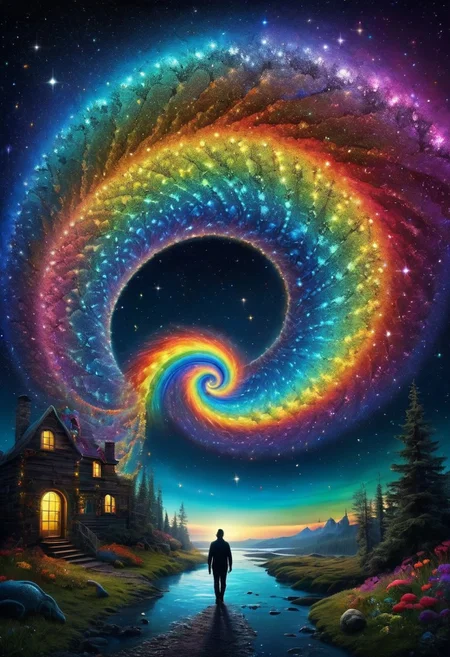 By Alexander Jansson | | Amazing breathtaking surrealism, optical illusion surreal image of an intricate glowing never-ending HUGE VIBRANT BRIGHT spiral SPIRALING rainbow portal made of stars constellations crystals and colorful rainbow glitter with cities and fossils built into it! ! bioluminescent crystals all over the place, leading into a starry galaxy, a silhouette of_a_man_is_walking_in_it, super colorful, hyperdetailed, intricate, spiral multiverse, continuous spiral pattern, space, stars, intricate, highly detailed, 8k, radiant. vibrant, Masterpiece, (32k), perfect anatomy, enhanced resolution, best quality, enhanced details, best artist, sharp edges, detailed textures, ((full body shot)), atmospheric lighting, visually stunning, perfect composition, trending on behance