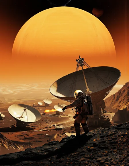 Art by Ronan Le Fur. A sci-fi digital illustration shoot from a far camera angle about a distant planet with a large orange planet in the background and several large satellite dishes on the rocky surface, illuminated by a bright light source. in the foreground, a solo astronaut stands with his back to the viewer, wearing a full-body backpack and a helmet, facing away from the viewer. he is holding a glowing torch in his right hand, casting a warm glow over the scene. the astronaut is positioned in the center of the image, with the large, circular structures on the right side and the smaller ones on the left. the background features a vibrant orange and yellow hues, reminiscent of a sunset or sunrise, with craters and other celestial bodies visible in the distance.